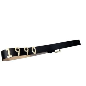 Steve Madden,Black Leather Belt with Cream Accents 1990 Logo, Has Been Altered S